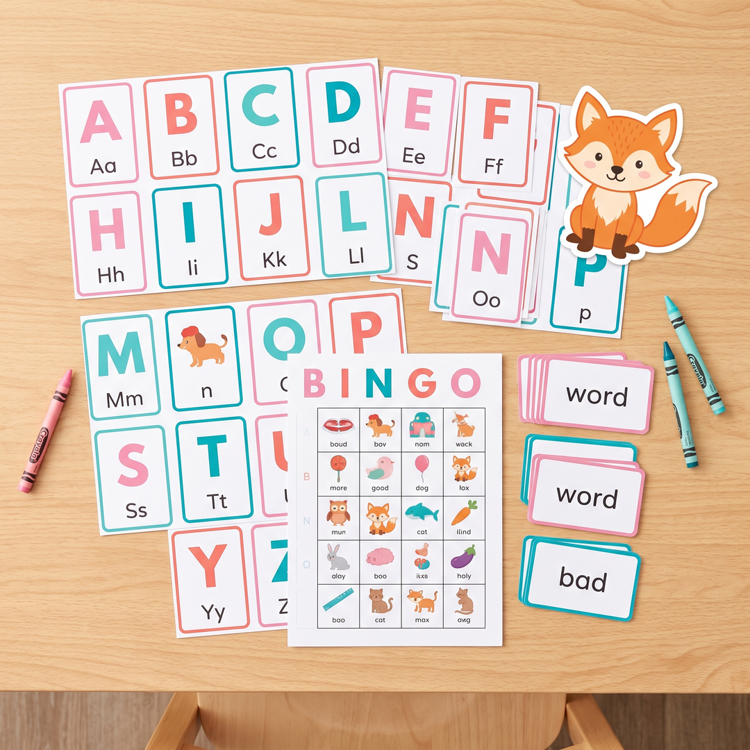 Focus Foxes Reading Booster printable letter and word cards flat-lay