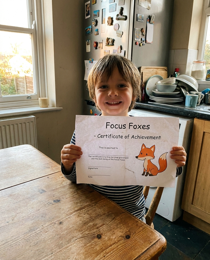Child proud of their Focus Foxes certificate